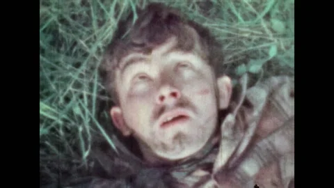 Close-up, wounded soldier lying in grass. His eyes stare blankly Stock Footage 280234764