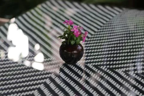 A close-up of the woven pattern on an outdoor dining table, with a small va.. Stock Photos