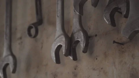 Close up on wrenches hanging on the wall Stock-Footage 163426984