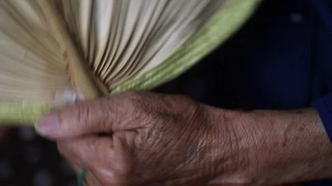 Close up of wrinkled hand using hand fan in hot summer Stock Footage 114639778