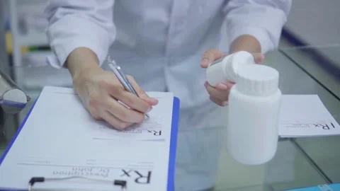 Close-up writing Young physician with stethoscope prescribes treatment to Stock-Footage 336587768
