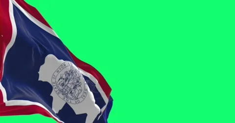 Close-up of Wyoming state flag waving isolated on green background Video stock 277112974