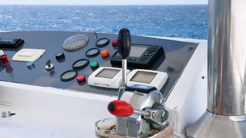 Close up of yacht control panel and captain workplace on upper deck with blue 库存影片 341375325