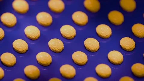 Close-up yellow 3d brain models on blue reflective surface pattern.. Stock Photos