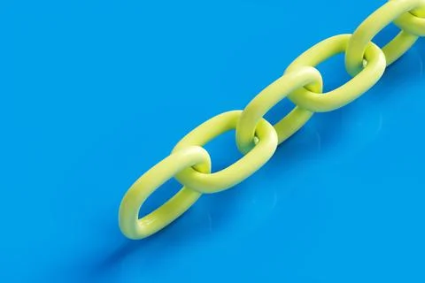Close-up of a yellow chain on a blue background. 3d rendering illustration. Иллюстрация
