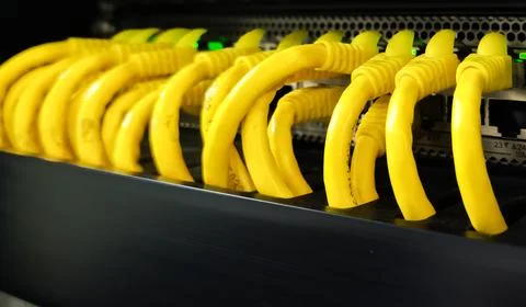 Close-up of yellow ethernet cables plugged into a network hub Stock Photos