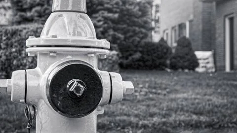 Close-up of a yellow fire hydrant with a black hose cover in front of a lawn Stock Photos