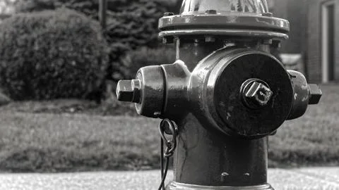 Close-up of a yellow fire hydrant with a black hose cover in front of a lawn Stock Photos