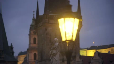 Close yellow lantern against ancient castle Stock Footage 143171061