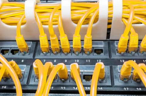 Close up of yellow network cables connected to switch Foto stock