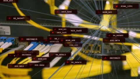 Close-up on yellow patch cables causing red labels, links expanding to hub, Stock Footage 335404238