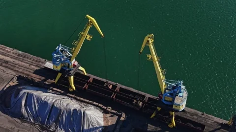 Close up of yellow port cranes loading rail cars with bulk cargo 動画素材 338185884