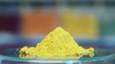 Close up yellow powder in lab static shot 50fps Video stock 156168394