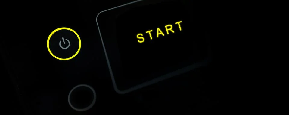 Close up of yellow power button, Start up business concept, Black banner ba.. Stock Photos