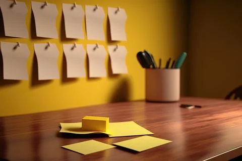 Close-up of yellow sticky notes on a desk Stock Illustration