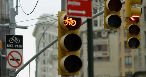 Close Up of Yellow Traffic Lights Glowing Red In The Famous New York City Stock Footage 111868421