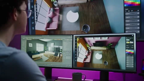 Close up of young 3D designer creating modern house interior Stock Footage 244456357