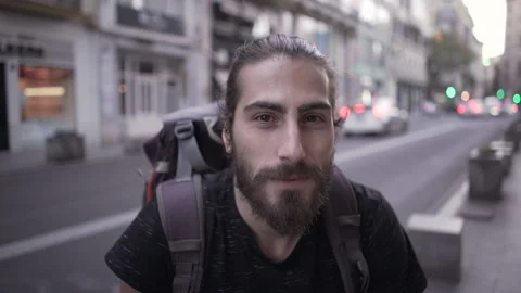 Close up of a young backpacker smile visiting the city of Valencia. Video stock 205305357