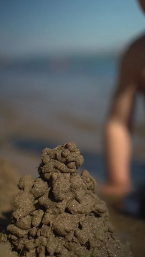 Close Up of a Young Boy Building a Sandcastle on the Beach Vidéo 343894573