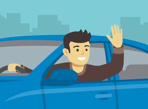 Close-up of young driver leaning out of the car window. Man sitting in a car. Stock Illustration