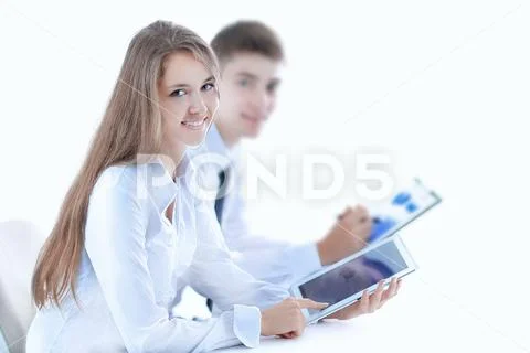 Close up. young employees discussing financial data. start-up Stock Photos