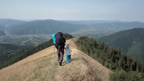 Close-up of young father and son holding hands and hiking on mountain footpath Stock Footage 88988134