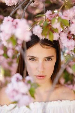 Close up. Young Gilrs Face Looking at the Camera, Standing in the Sakura Flowers Stock Photos