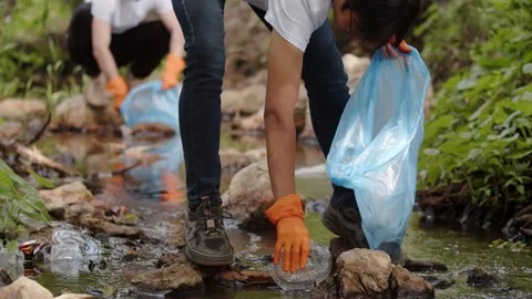 Close-up of a young guy collecting garbage in a plastic bag in nature, from a Stock Footage 223510934