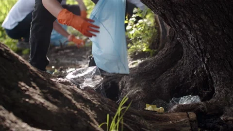 Close-up of a young guy collecting garbage in a plastic bag in nature, his eco Stock Footage 224882536