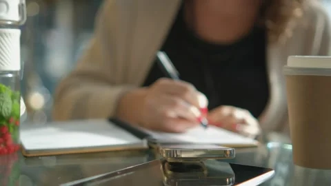 Close-up young lady freelance focus mobile phone chat with colleagues work Stock Footage 264878425