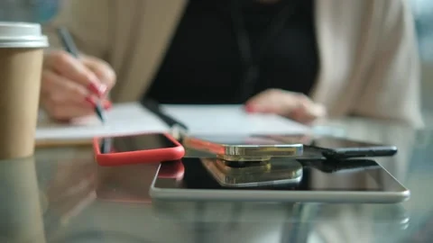 Close-up young lady freelance focus mobile phone chat with colleagues work Stock Footage 276847833