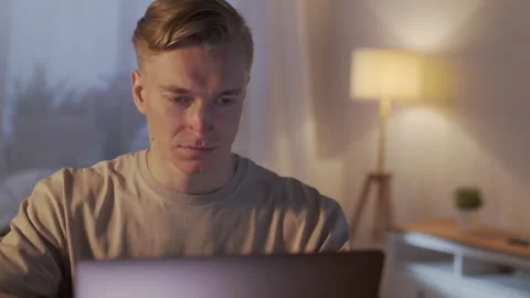 Close Up Young Man Freelancer Using Laptop, Typing, Scrolling, Surfing Web Видео 172019699