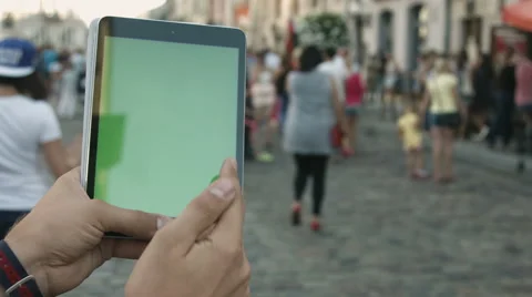 Close Up Young Man Holding Vertical Tablet With Green Screen Stock Footage 66931948