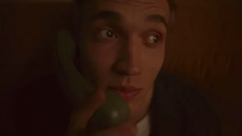 Close-Up of Young Man Resting on Sofa, Talking on Retro-Style Phone Stock Footage 307549900