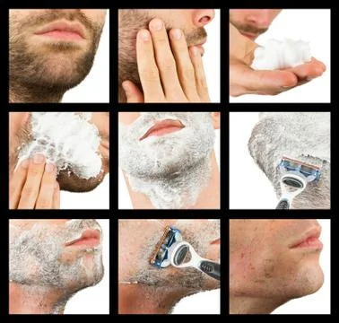 Close-up of a young man shaving, compilation of nine images Stock Photos