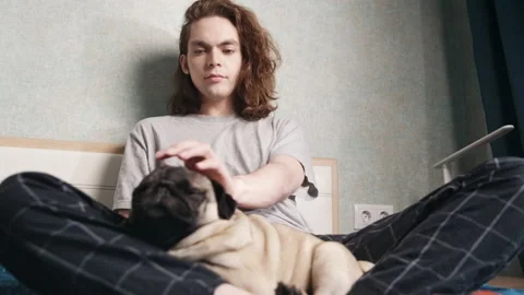 Close-up. A young man sits in bed with a dog and strokes it. Stockbeeldmateriaal 196813620