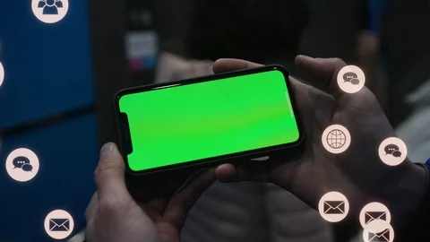 Close up of young man using smartphone with horizontal green screen white Stock Footage 126802249
