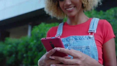 Close up young woman hands using mobile phone at city street. Stock Footage 290768175