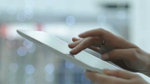 Close-Up Young Woman Using IPad In A Public Place Stock Footage 55220968