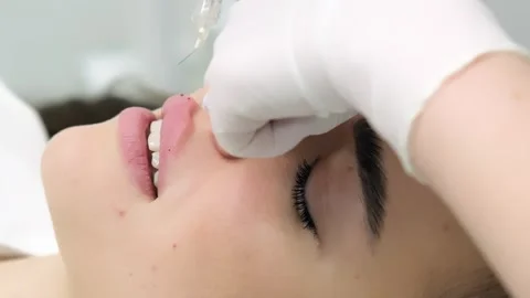 Close-up of a young woman's face undergoing lip augmentation procedure 動画素材 267752782