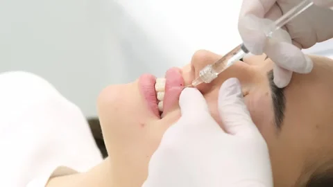 Close-up of a young woman's face undergoing lip augmentation procedure 動画素材 267758310