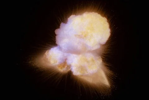 Close-up zero gravity multi-headed explosion fading to cloud of golden smoke Stock Footage 86915328