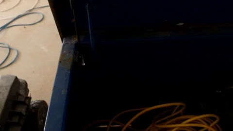 Close up zoom in to builders tool box Stock Footage 112615019