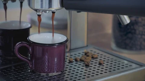 Close up zoom with espresso machine making fresh coffee with a vintage look Stock Footage 100196079