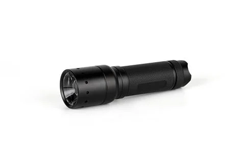 Close up zoom flashlight isolated on white background. Photos