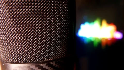Close-up (zoom out): a microphone in a recording studio. Sound levels moving Stock Footage 346260988