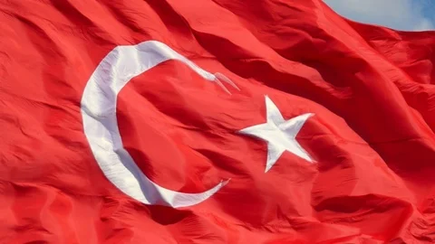 Close to Zoom Out. Turkish Flag fluttering in the breeze. The flag of Turkey Stock Footage