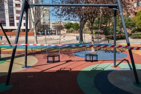 Closed and empty children playgrounds in Spain because of coronavirus, covid- Stock Photos