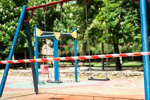 Closed and empty children playgrounds in Spain because of coronavirus, covid- Stock Photos