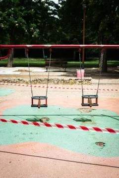 Closed and empty children playgrounds in Spain because of coronavirus, covid- Stock Photos